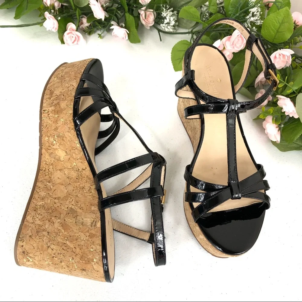 Kate Spade Wedge strappy black sandals size 7.5